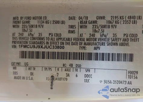 2018 Ford Escape Titanium z USA, uszkodzony, nr VIN 1FMCU9J9XJUC33800